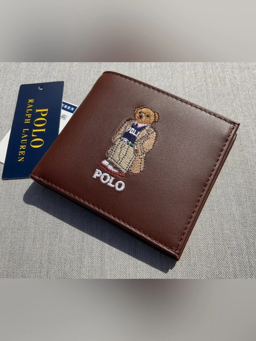 NWT Polo Ralph Lauren Brown COLLEGIATE BEAR Leather Double Billfold Wallet